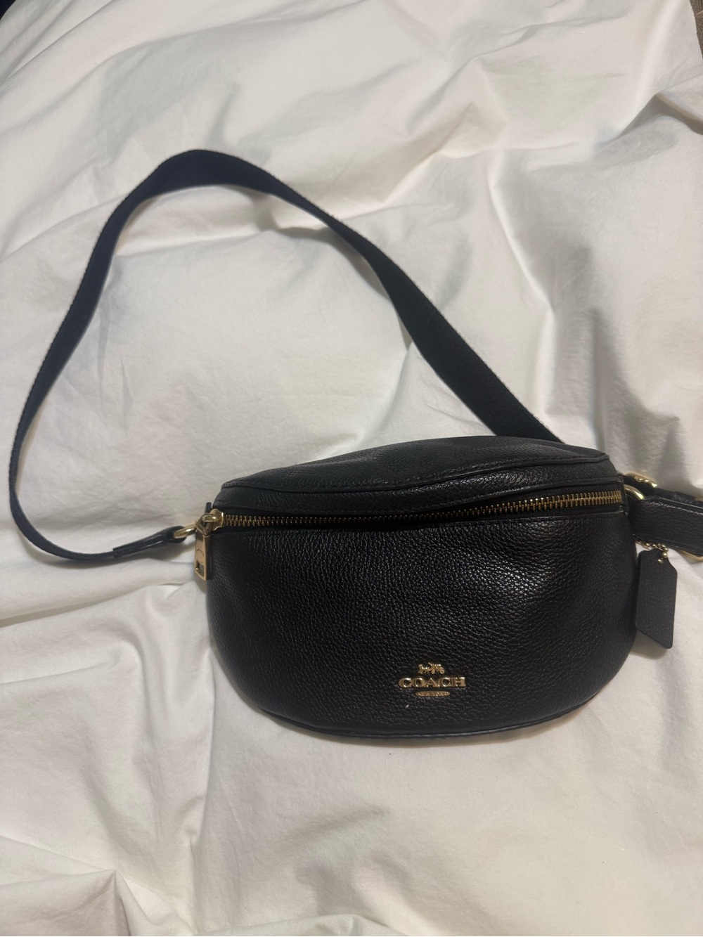 Coach Black Pebbled Leather Crossbody Belt Bag with Gold Hardware